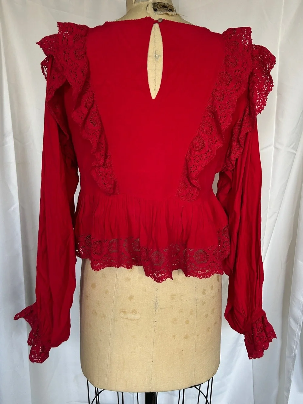 Free People Red Lace Trim Ruffle Blouse